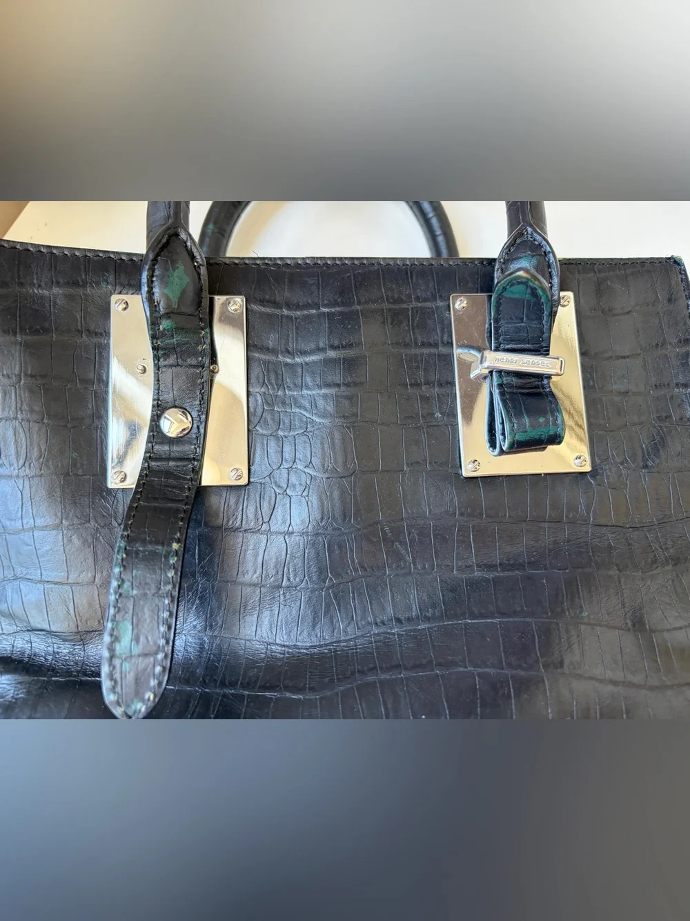 henri bendel Black Croc-Embossed Structured Top-Handle Bag